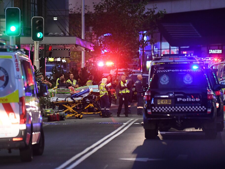 Emergency services at Westfield Bondi Junction after more than a dozen people were stabbed on April 13, 2024. AAP.